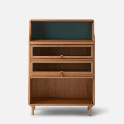 Front view of Peggy Cabinet showcasing open shelving and multiple drawers with a white background