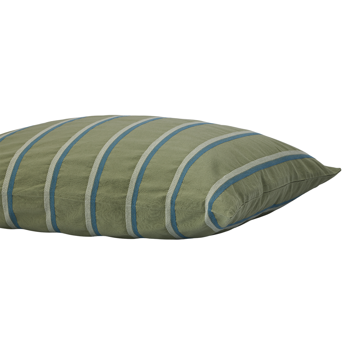 Angled view of Shoreline sham showcasing olive green fabric with blue and cream stripes on a white background