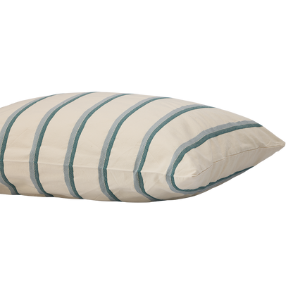 Angled view of Shoreline Sham showcasing cream fabric with teal stripes on a white background