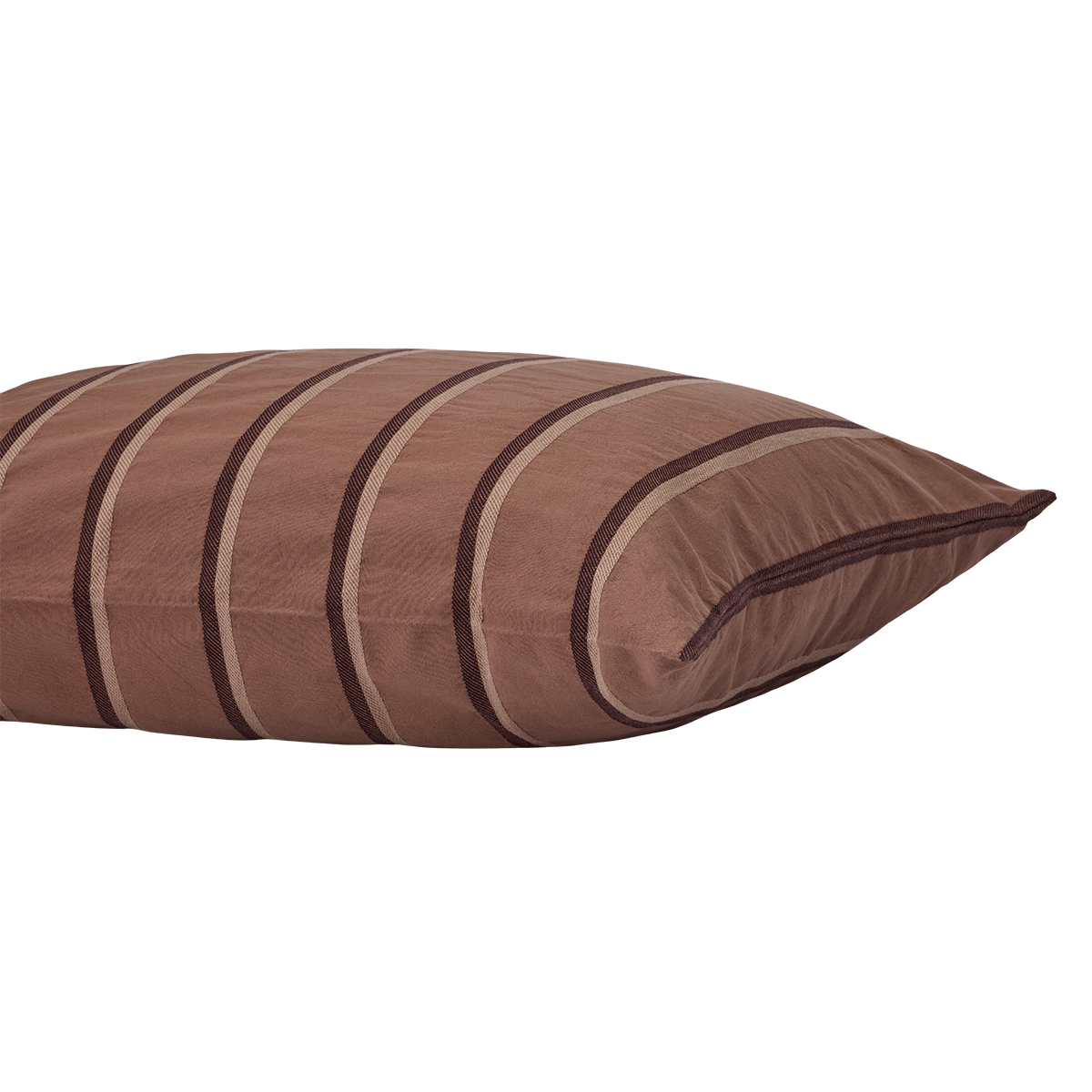 Close-up side view of Shoreline Sham showcasing brown fabric with curved dark and beige stripes on a white background