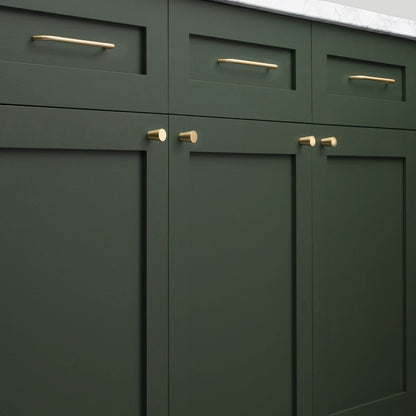 Close-up view of Parker Pull showcasing brass-toned hardware on dark green cabinetry