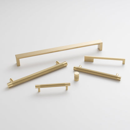 Top view of Knurled Pull hardware in natural brass showcasing varied bar lengths on a white background