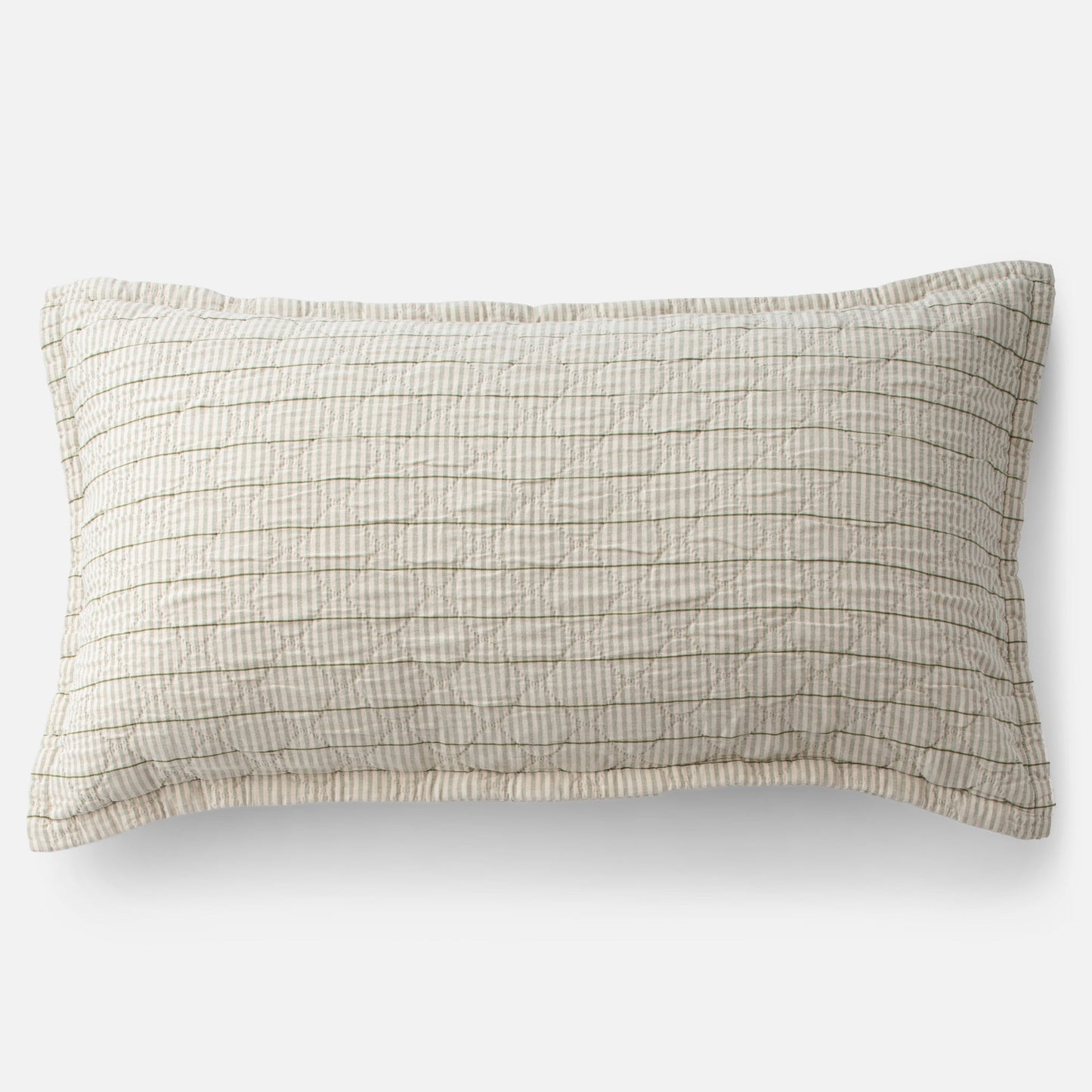 Top half of Diamond Ticking Quilted Pillow Sham showcasing olive-green narrow ticking stripes and diamond quilting on a white background