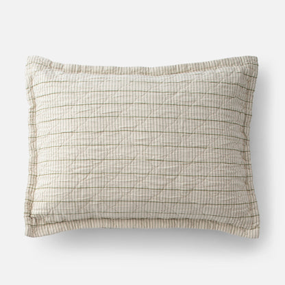 Top of Diamond Ticking Quilted Pillow Sham showing diamond quilting, olive-cream ticking stripes and piped edge on white