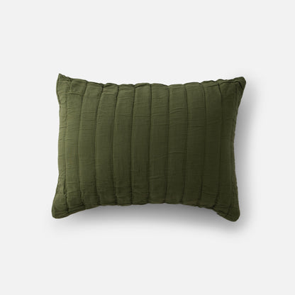Top-down view of green channeled cotton sham showcasing vertical channel quilting on a light gray background