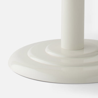 Close-up of Owen Bistro Table base showing Shell White-Gloss finish and stepped hand-spun steel pedestal on white background