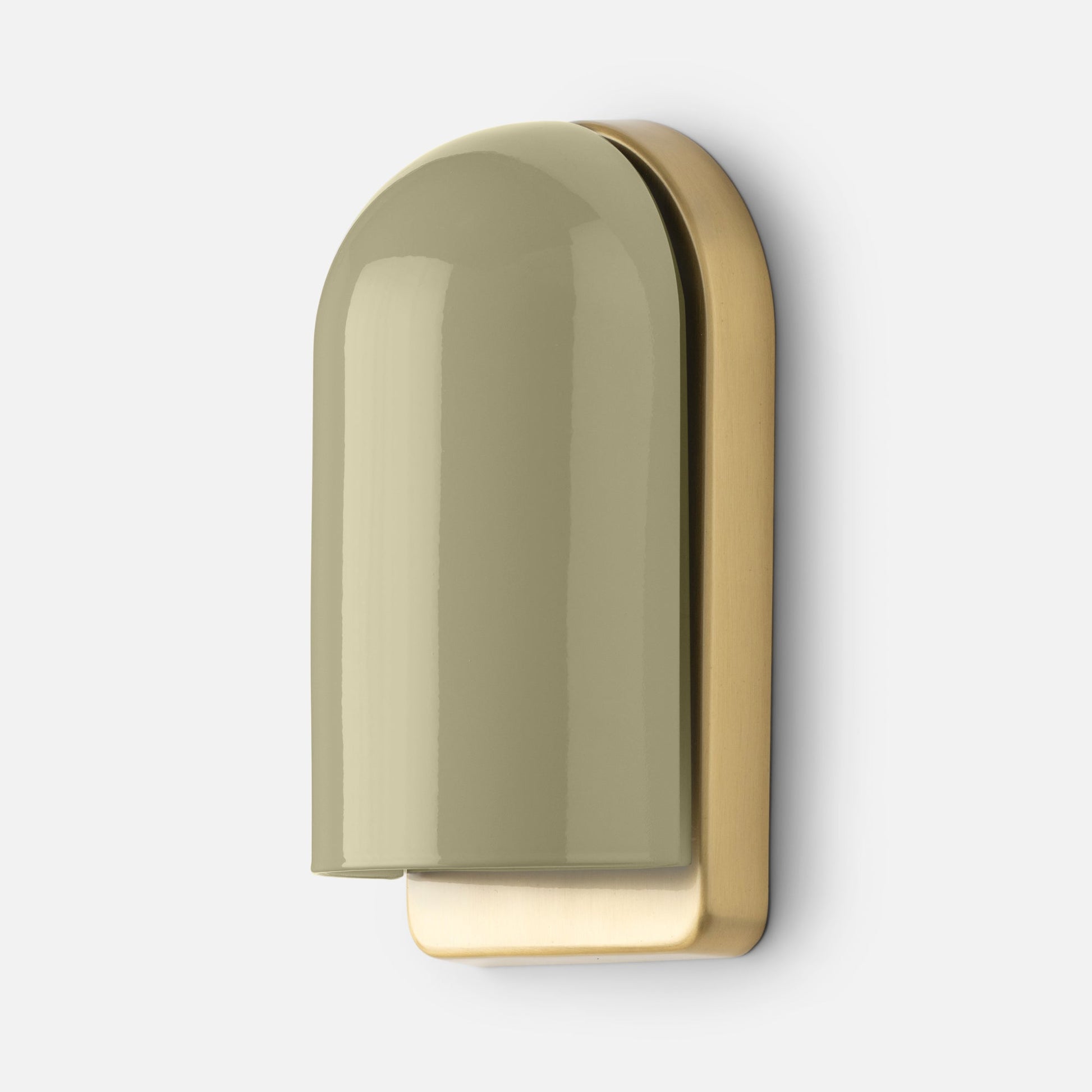 Close-up of Allegheny Slim Sconce in olive green showing glossy rounded shade and brushed brass backplate on white background